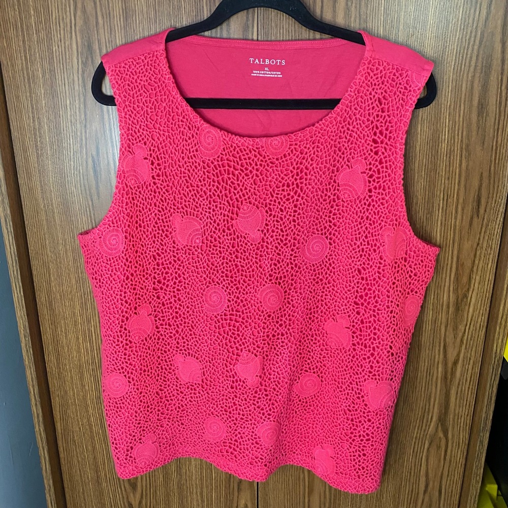 Talbots Tank Top Women XL Pink Crochet Lace Shell Scoop Neck Sleeveless Cotton